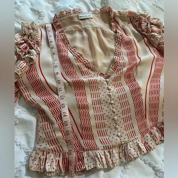 Nicholas cream and red striped ruffle silk button-down blouse - Picture 6 of 10